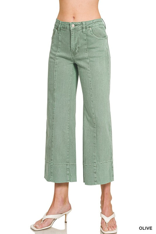 Mid rise wide leg cropped color denim pants-Light Olive
