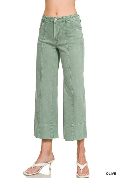 Mid rise wide leg cropped color denim pants-Light Olive
