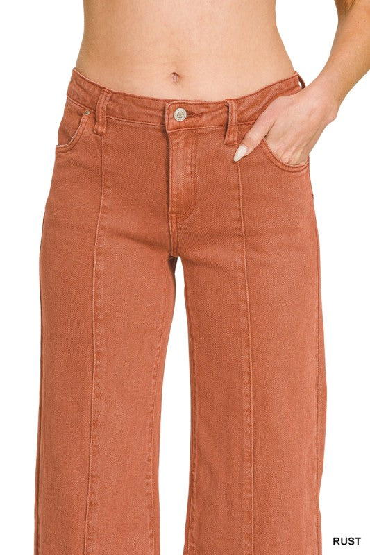 Mid rise wide leg cropped color denim pants-Rust