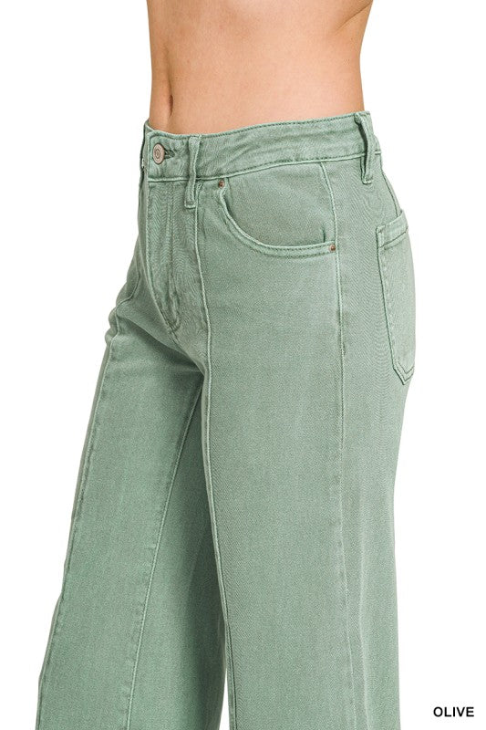 Mid rise wide leg cropped color denim pants-Light Olive