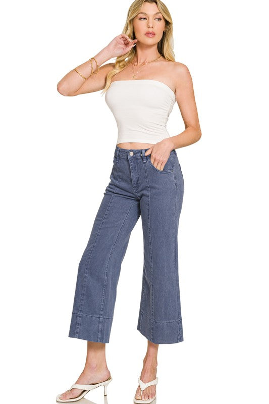 Mid rise wide leg cropped color denim pants-Blue
