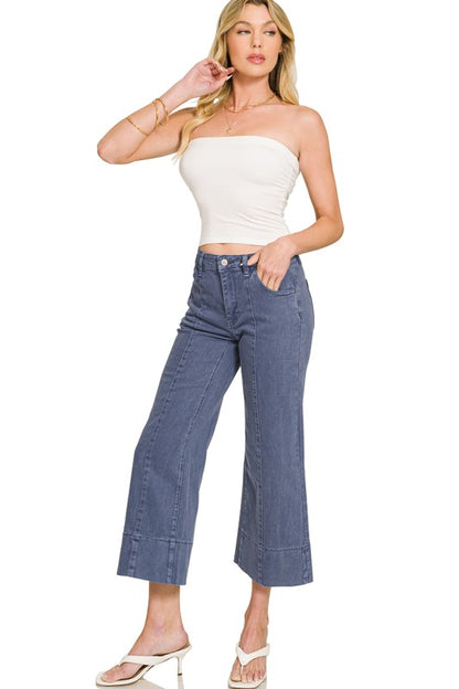 Mid rise wide leg cropped color denim pants-Blue