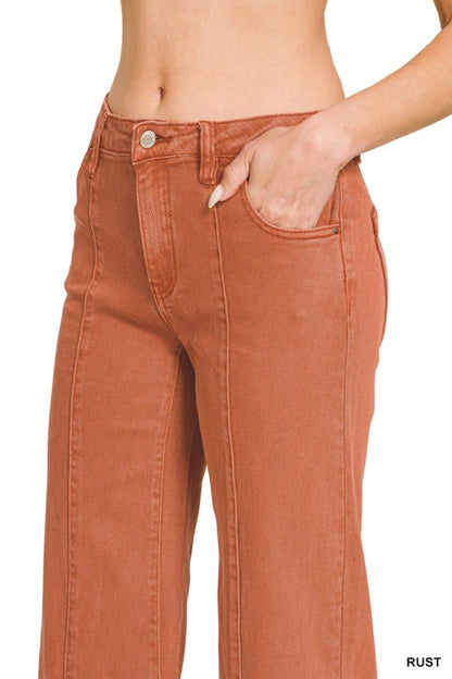 Mid rise wide leg cropped color denim pants-Rust