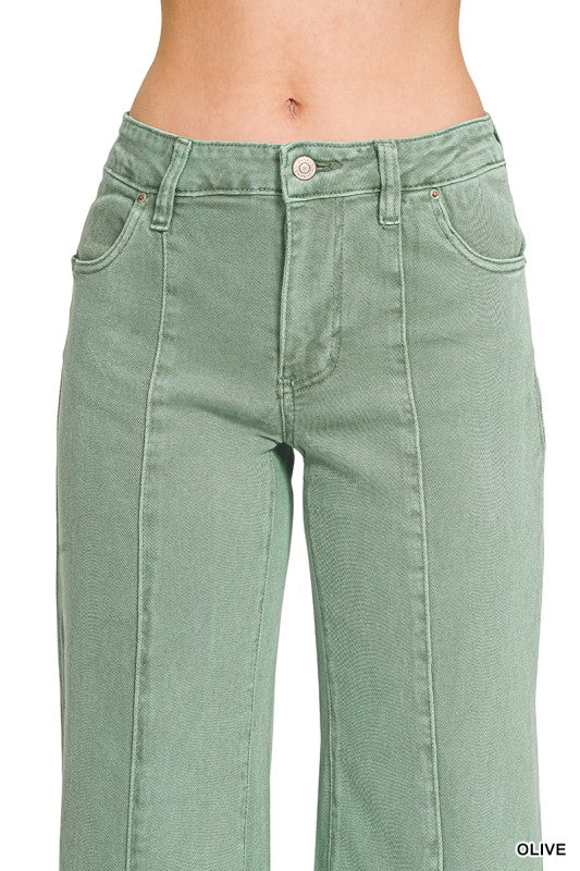 Mid rise wide leg cropped color denim pants-Light Olive