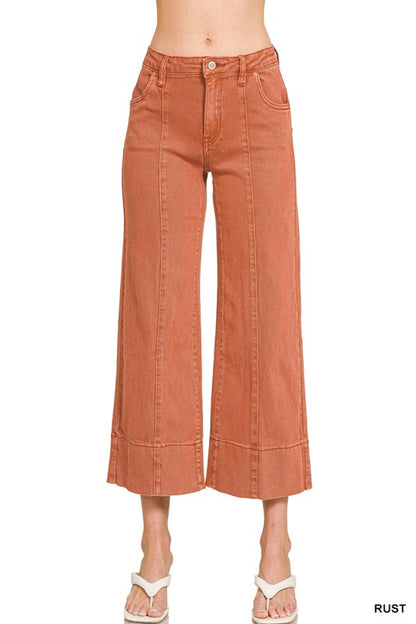 Mid rise wide leg cropped color denim pants-Rust
