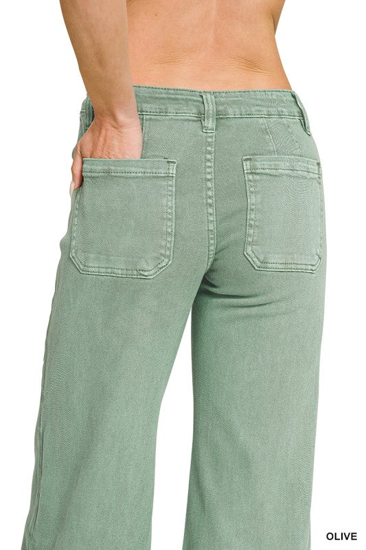 Mid rise wide leg cropped color denim pants-Light Olive