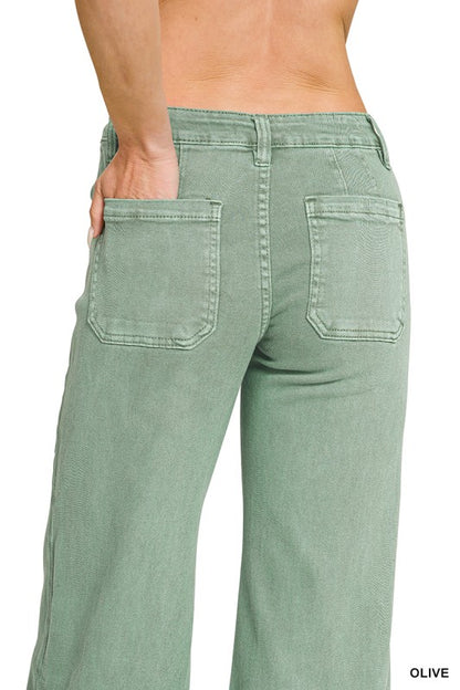 Mid rise wide leg cropped color denim pants-Light Olive