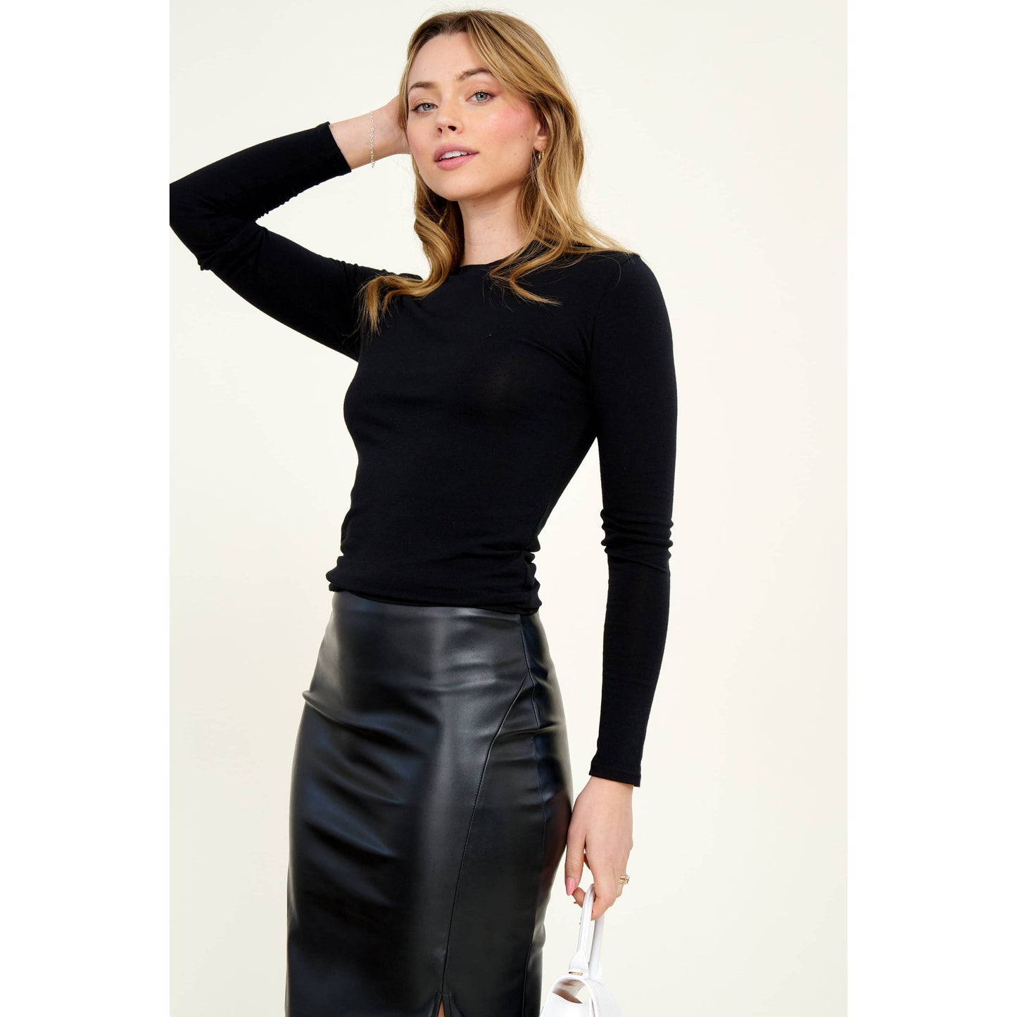 Popular 21 - Crew Neck Long Sleeve Cotton Span Knit Tee: Charcoal / S-M-L(2-2-2)