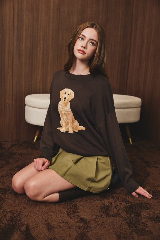 “RETRIEVER DOG" GRAPHIC LONG SLEEVE CREW NECK SWEATER: BROWN