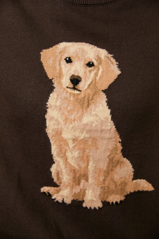 “RETRIEVER DOG" GRAPHIC LONG SLEEVE CREW NECK SWEATER: BROWN