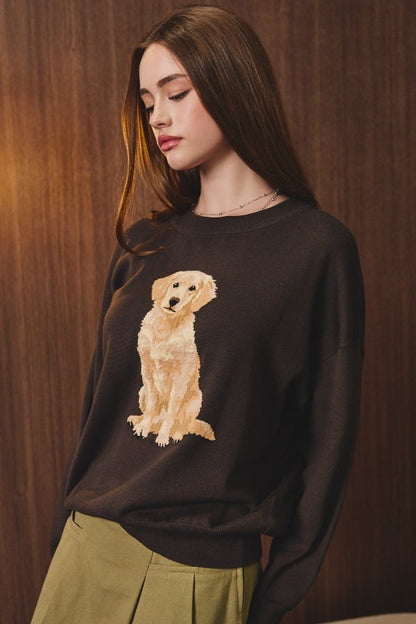 “RETRIEVER DOG" GRAPHIC LONG SLEEVE CREW NECK SWEATER: BROWN