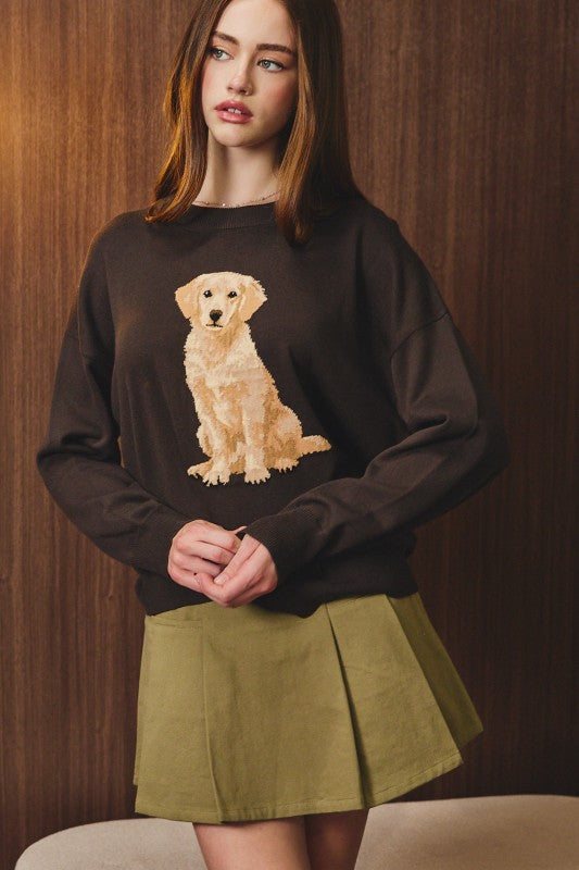 “RETRIEVER DOG" GRAPHIC LONG SLEEVE CREW NECK SWEATER: BROWN