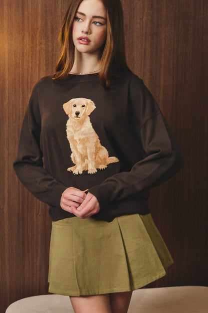 “RETRIEVER DOG" GRAPHIC LONG SLEEVE CREW NECK SWEATER: BROWN