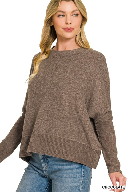 Brushed melange hacci dolman sleeve sweater-Mocha