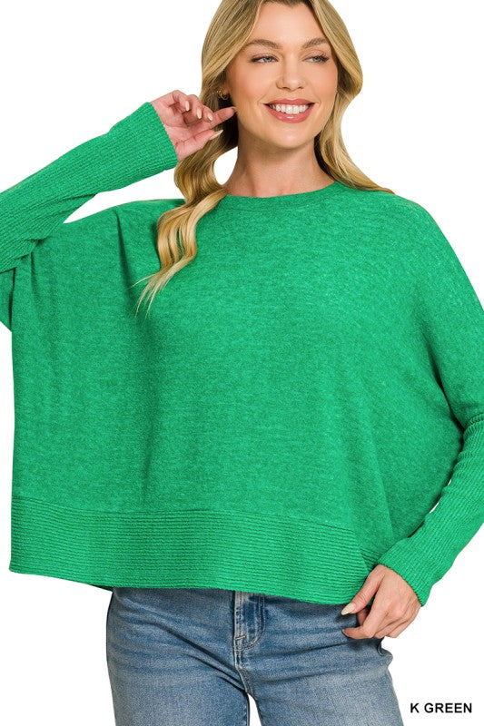Brushed melange hacci dolman sleeve sweater-Kelly Green