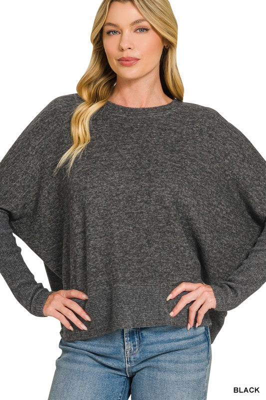 Brushed melange hacci dolman sleeve sweater-Black