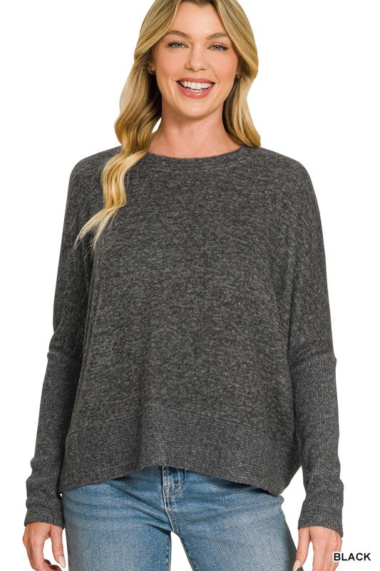 Brushed melange hacci dolman sleeve sweater-Black