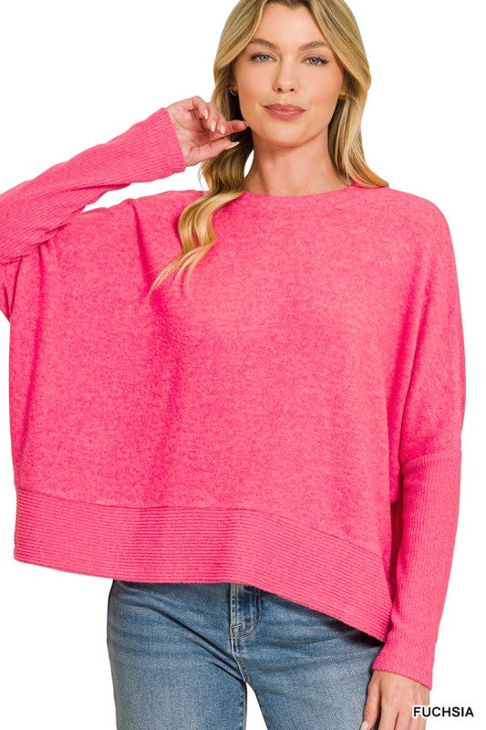 Brushed melange hacci dolman sleeve sweater-Fushia