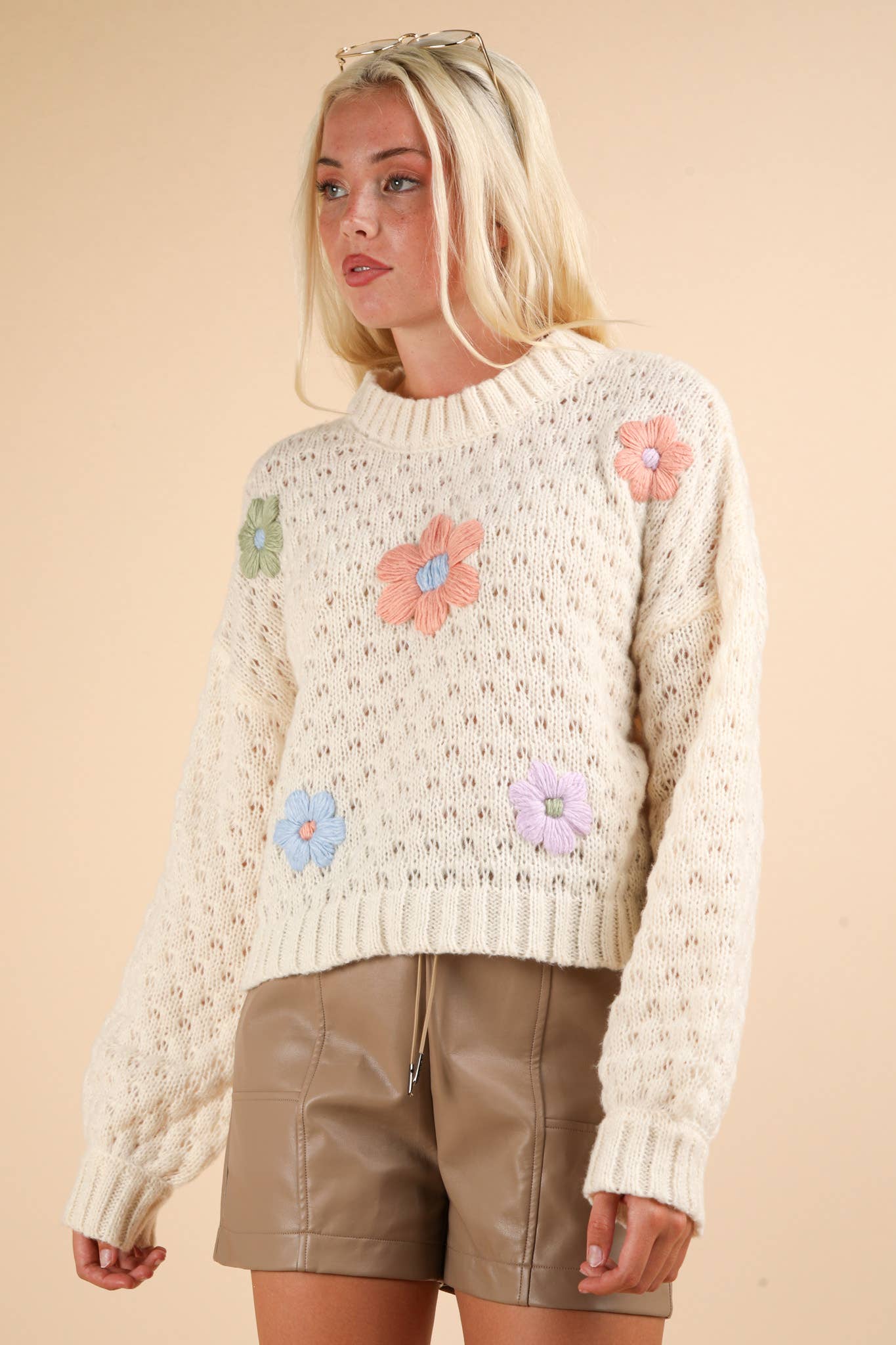 Hand Made Flower Applique Knit Sweater Top: CREAM