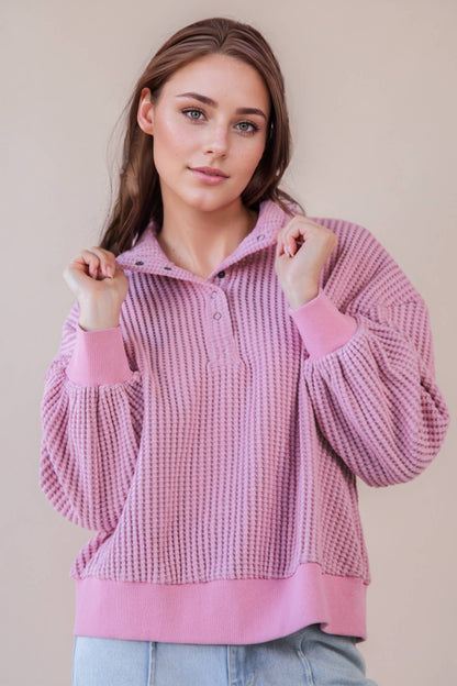 Oversized Half Button Down Casual Waffle Knit Top