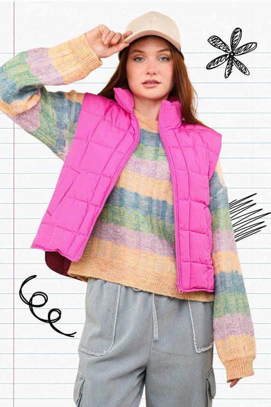 Solid Puffer Padded Warm Vest:Pink