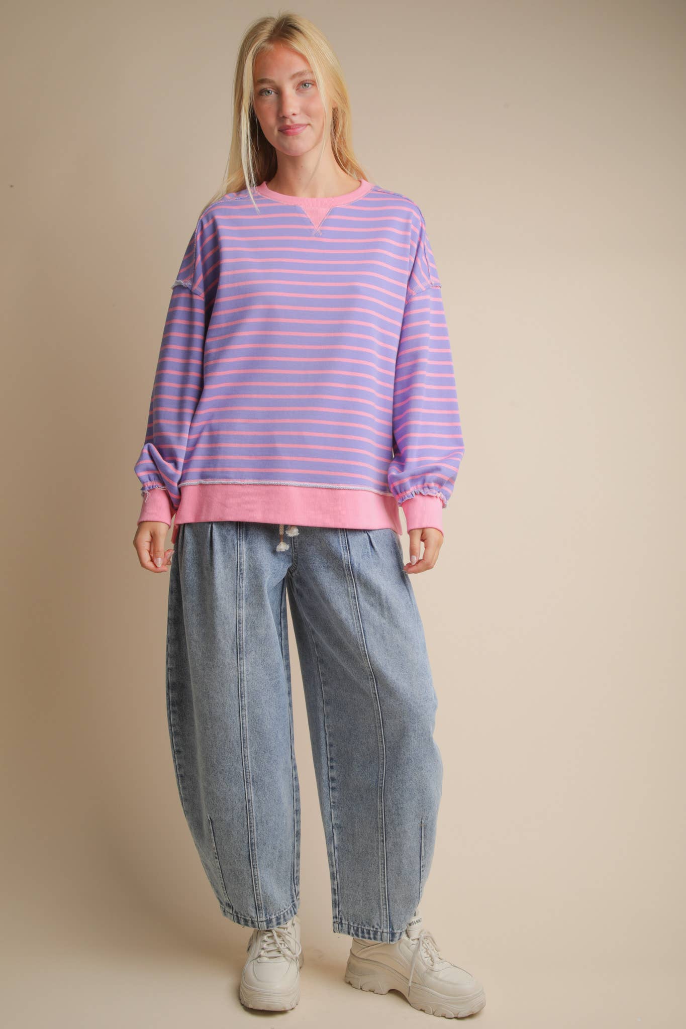 Stripe Comfy Casual Oversized Knit Top: LAVENDER/PINK