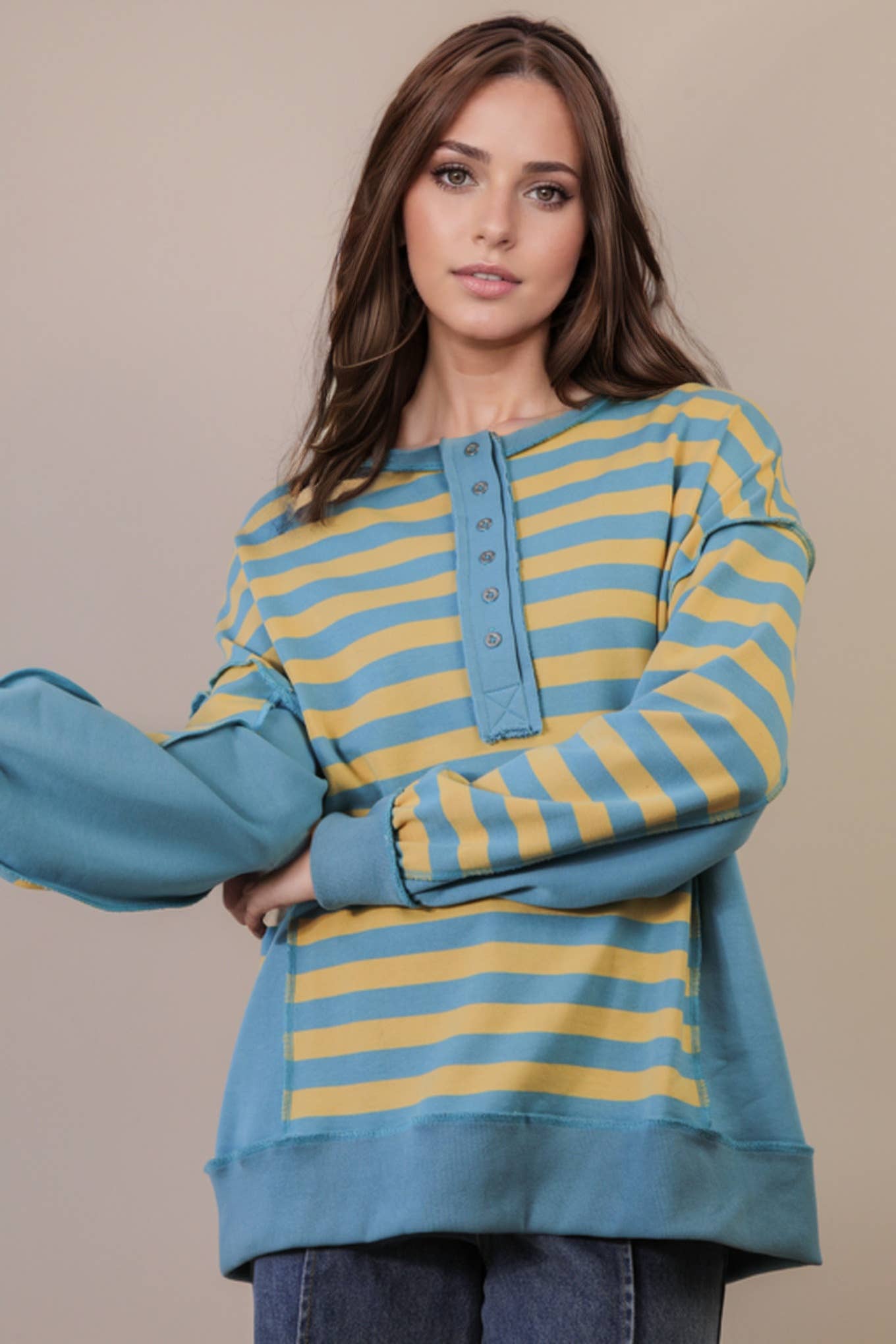 Oversized Striped Half Button Down Casual Knit
