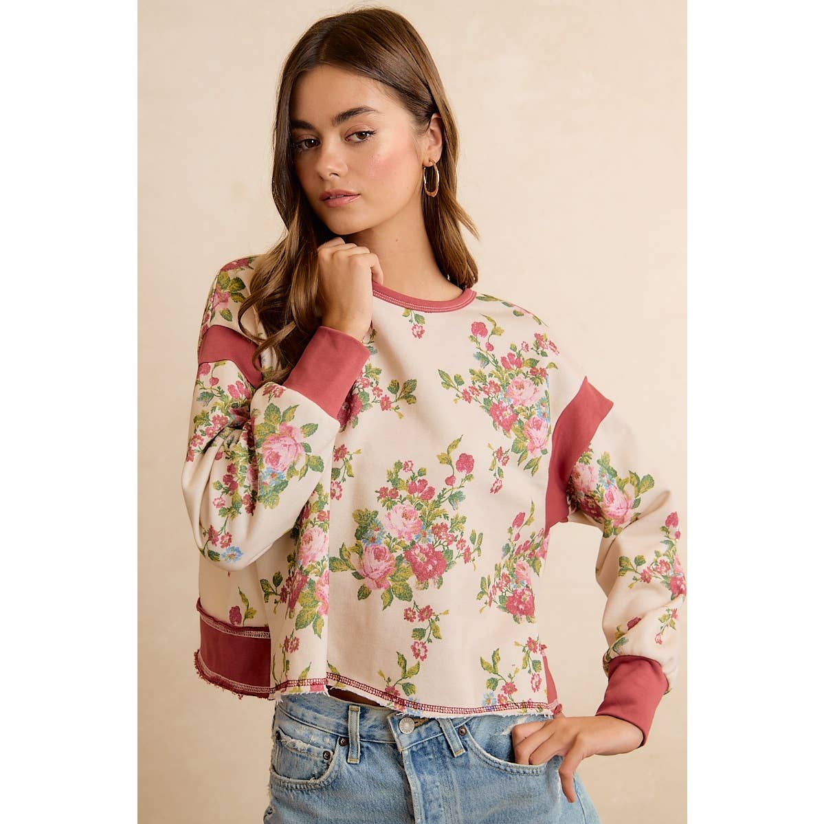 FLORAL BRUSHED TERRY OPEN BACK LONG SLEEVES TOP