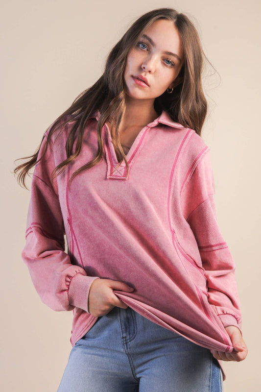 Mineral Washed Oversized French Terry Knit Top: MAUVE