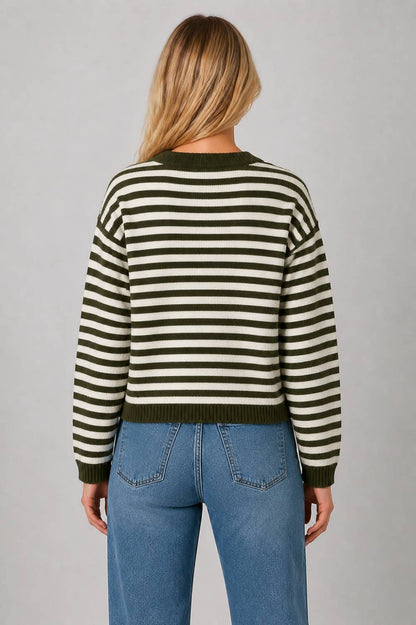 Striped Button-Up Cardigan: OLIVE