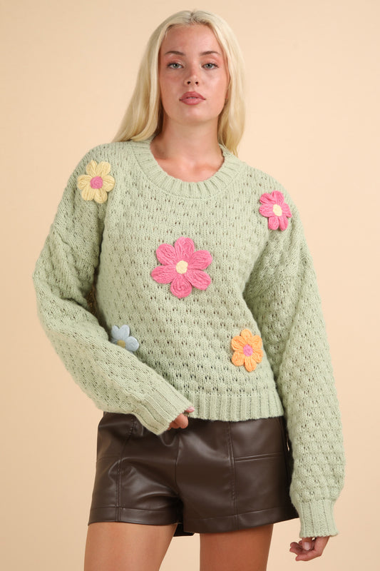 Hand Made Flower Applique Knit Sweater Top: SAGE