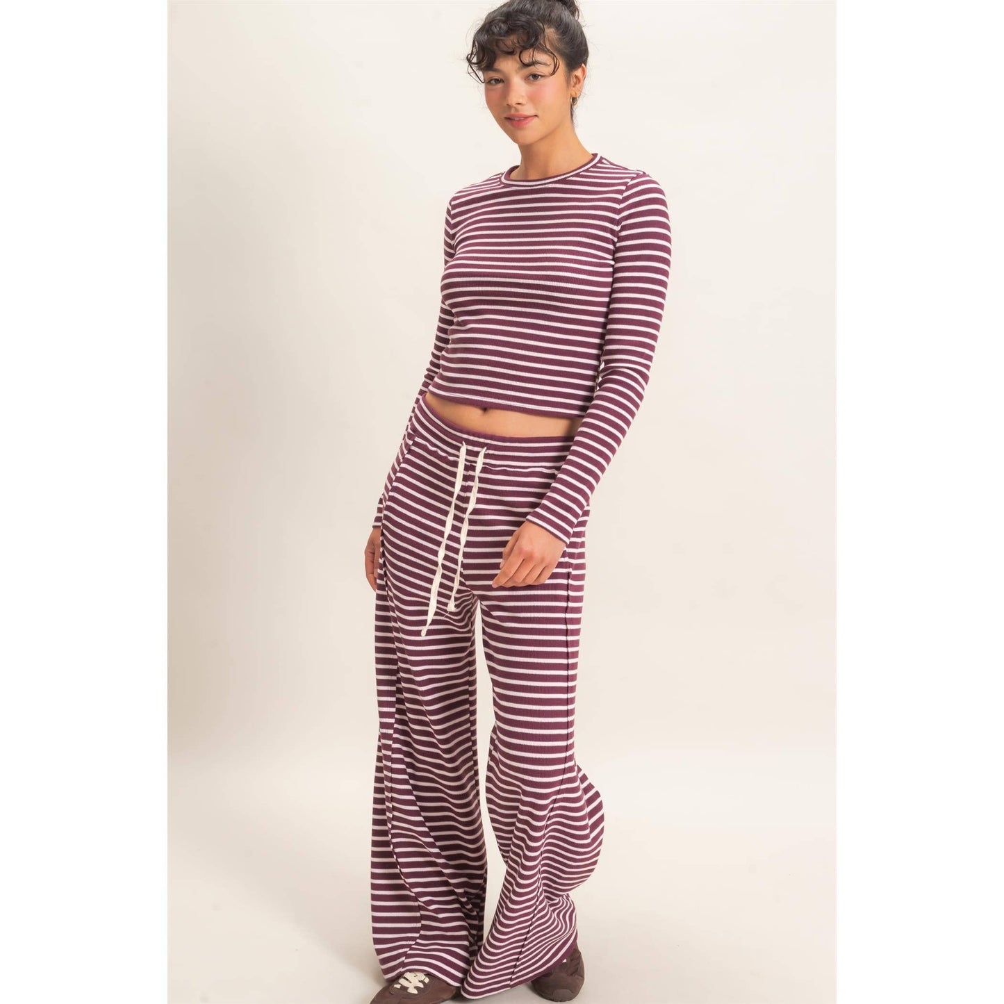 Striped Waffle Long Sleeve Set: DARK CHERRY