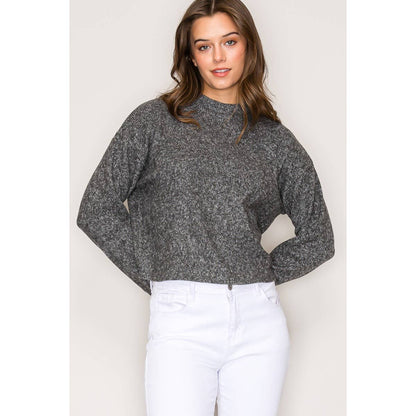 Mock Neck Long Sleeve Brushed Sweater Knit Top: Charcoal