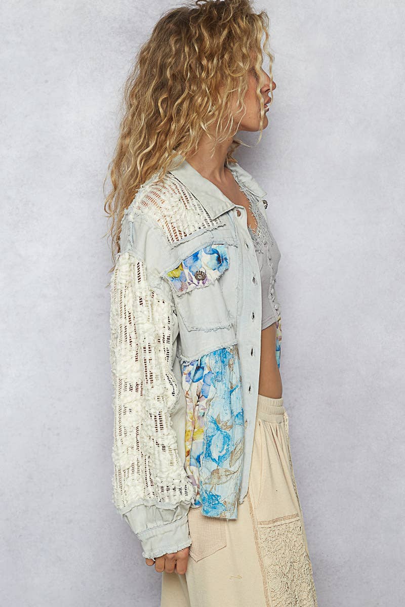 Pol Clothing - Balloon sleeve A-line twill woven floral jacket