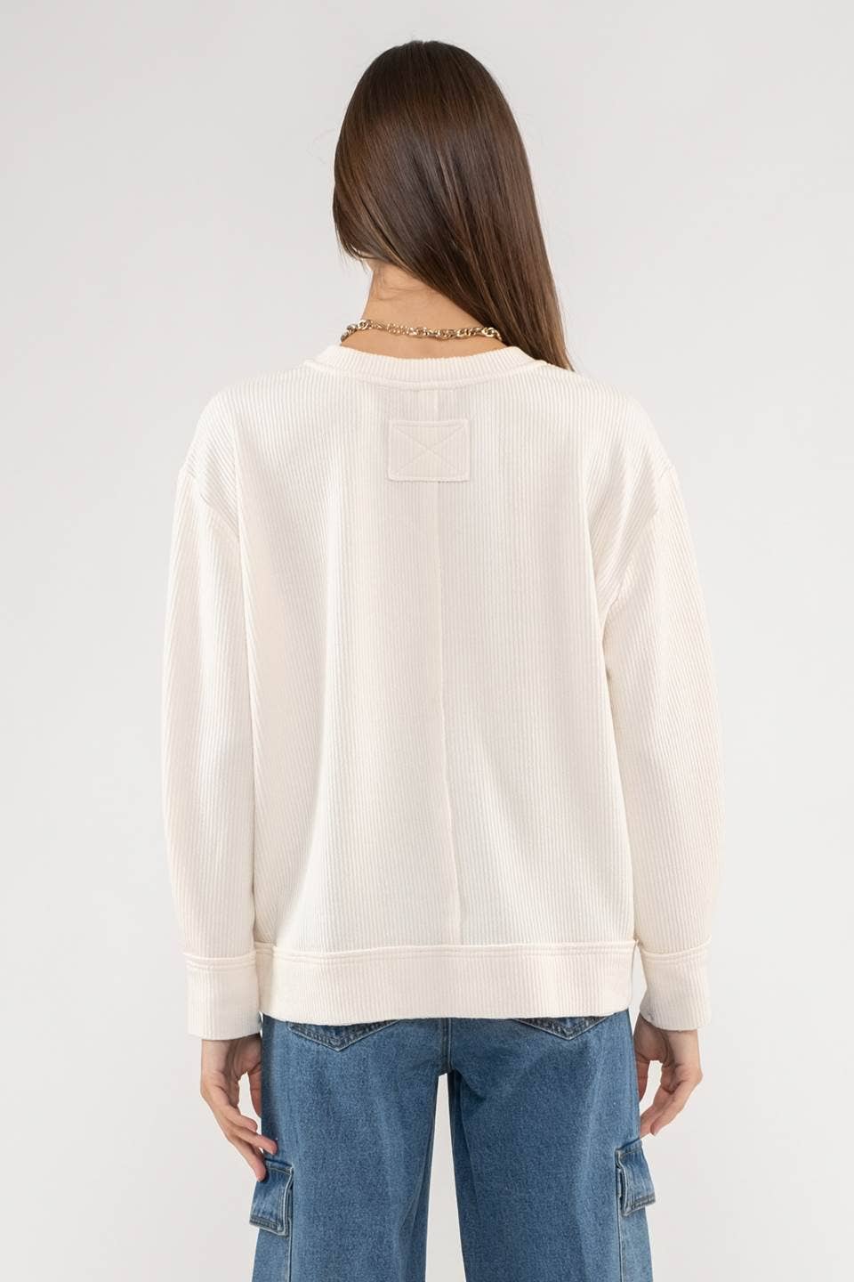 RAW EDGE SPLIT NECK AND HEM RIB KNIT TOP