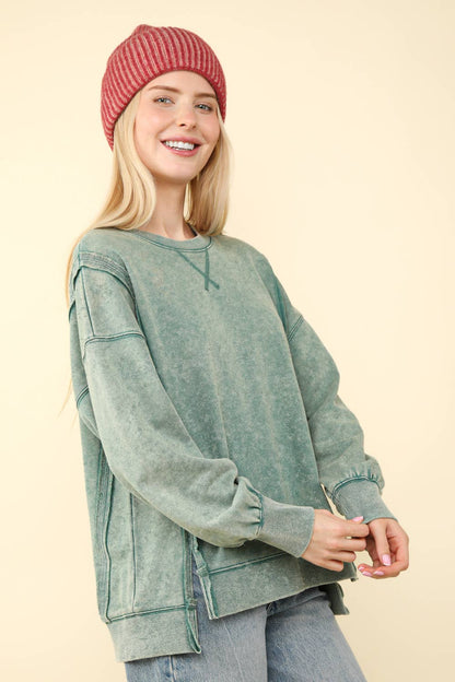 Mineral Washed French Terry Oversized Knit Top: Green