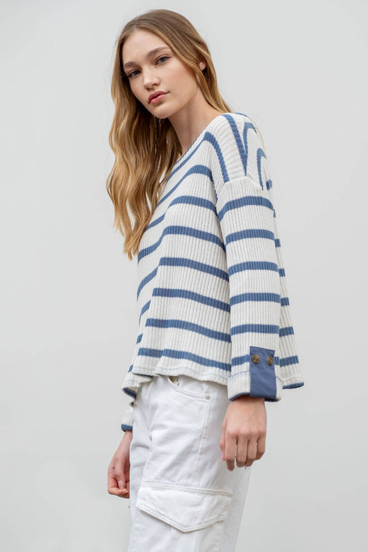 STRIPE RELAXED 3/4 CUFFED SLEEVE KNIT TOP