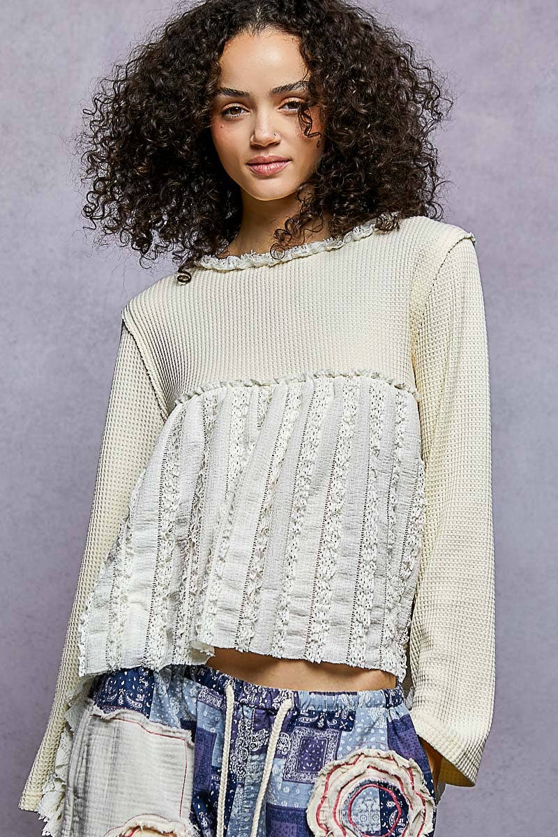 Pol Clothing - Round neck long sleeve with lace ruffle raw edge knit top
