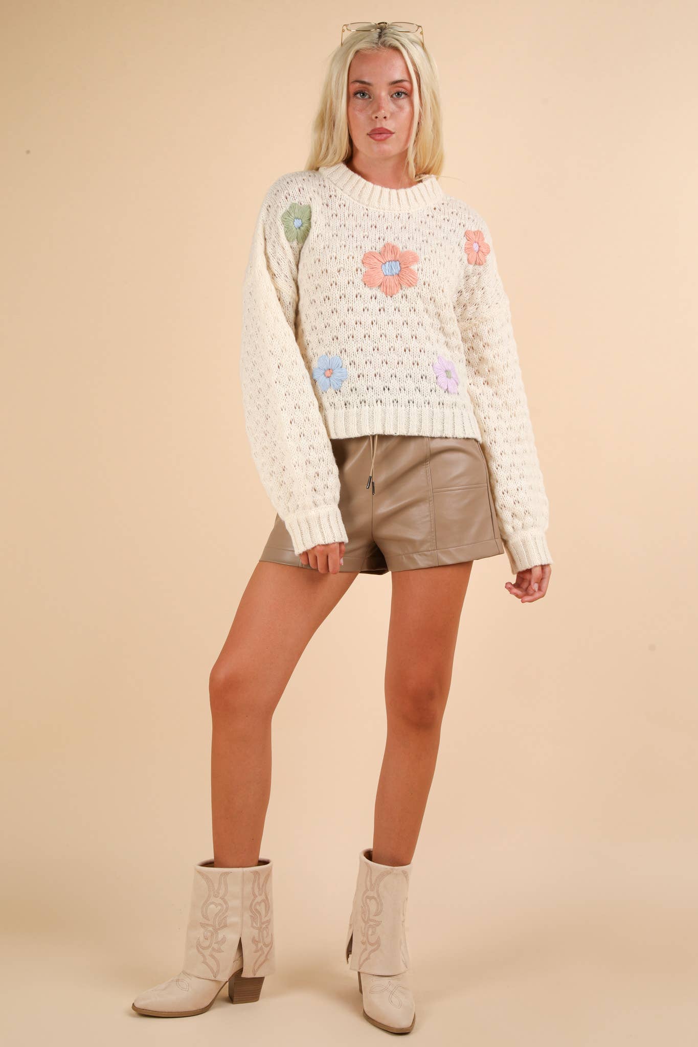 Hand Made Flower Applique Knit Sweater Top: CREAM