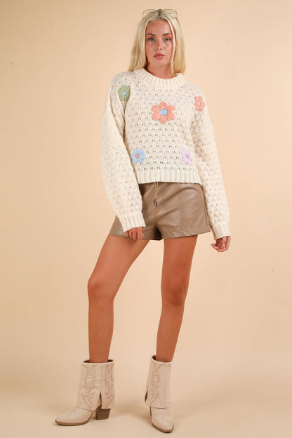Hand Made Flower Applique Knit Sweater Top: CREAM