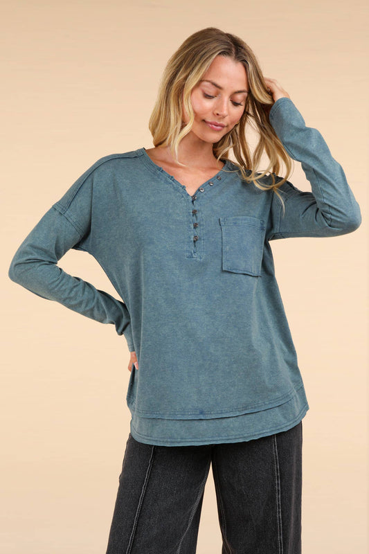 Mineral Washed Cotton Comfy Knit Top: DENIM