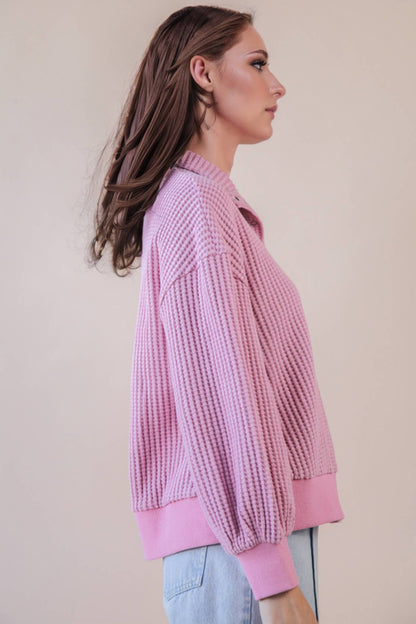 Oversized Half Button Down Casual Waffle Knit Top