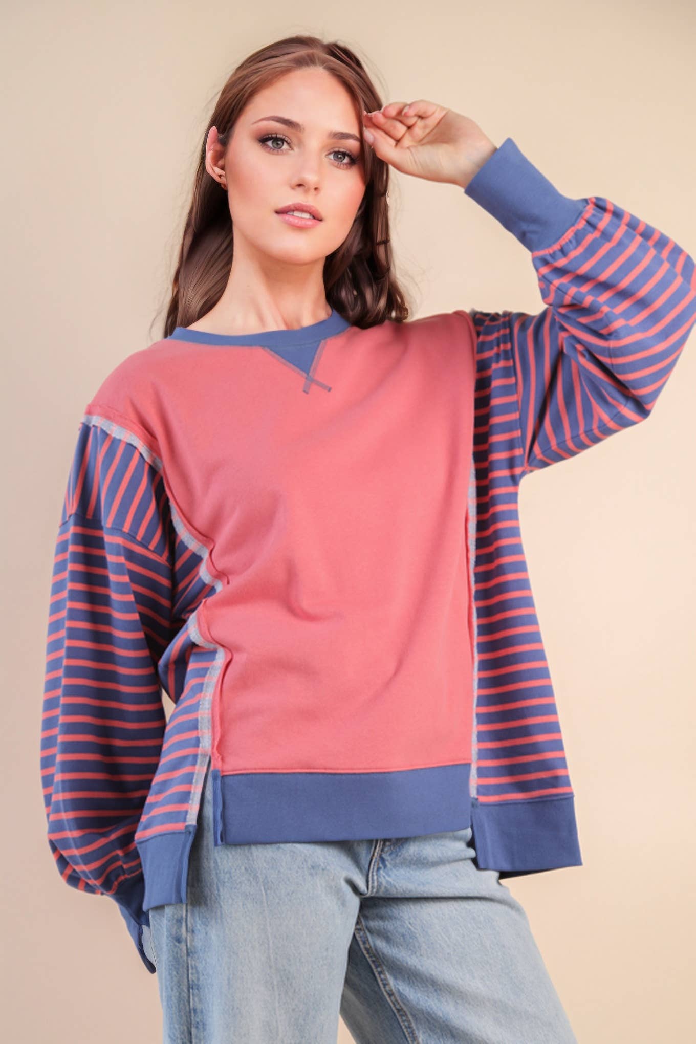 Oversized Striped Casual Knit Top: CORAL