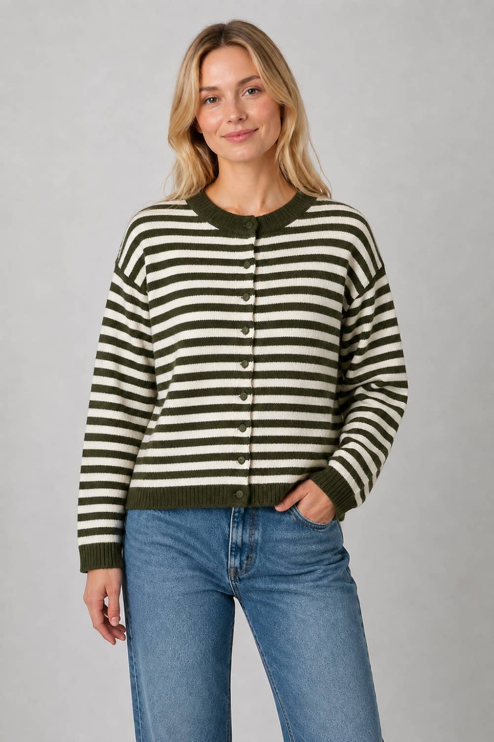 Striped Button-Up Cardigan: OLIVE