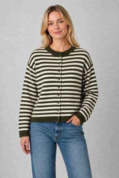 Striped Button-Up Cardigan: OLIVE
