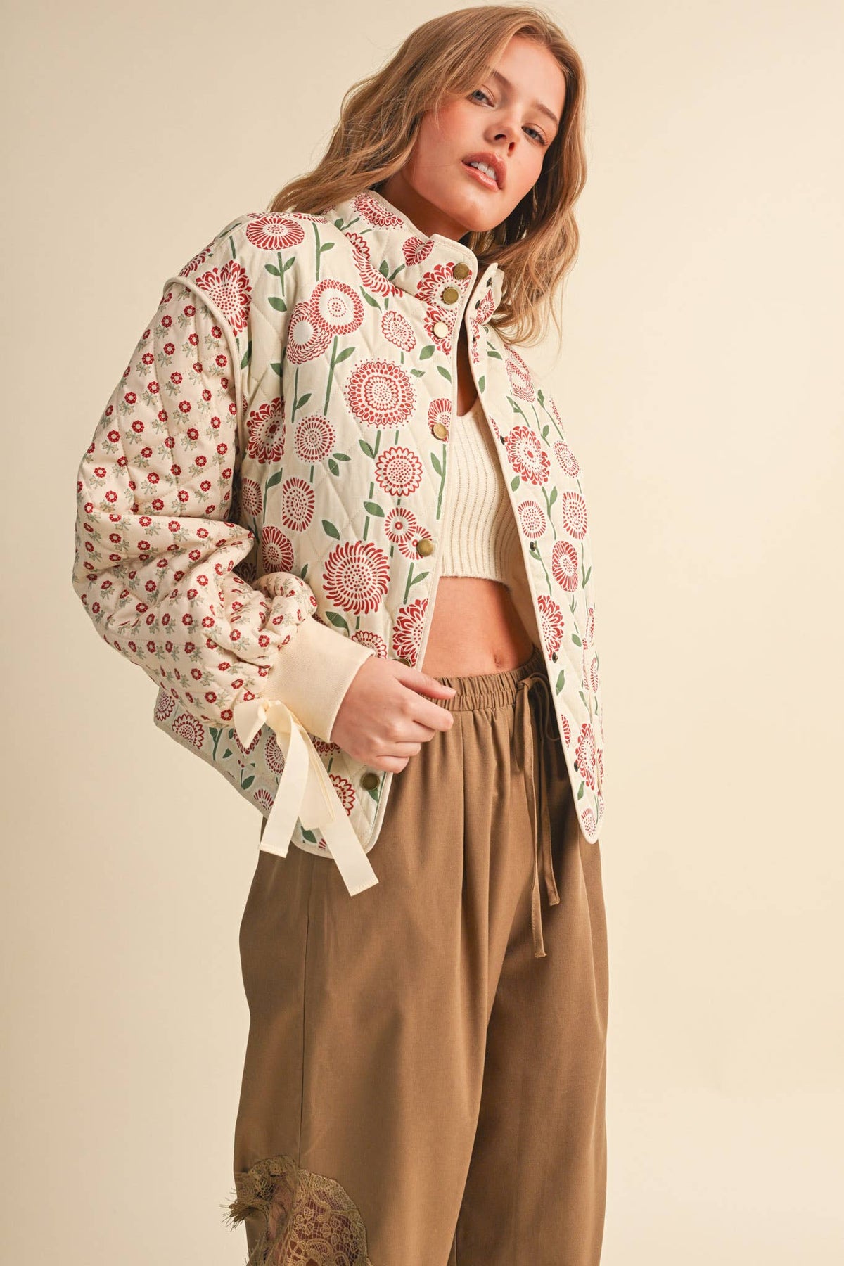 QUILTED MIXED FLORAL PRINT JACKET WITH RIBBON DETAIL