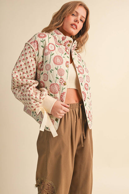 QUILTED MIXED FLORAL PRINT JACKET WITH RIBBON DETAIL