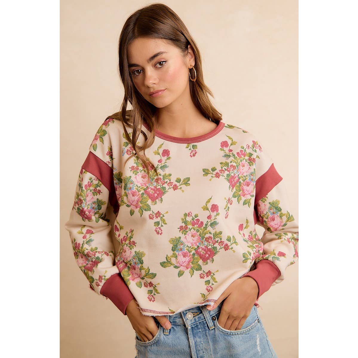 FLORAL BRUSHED TERRY OPEN BACK LONG SLEEVES TOP