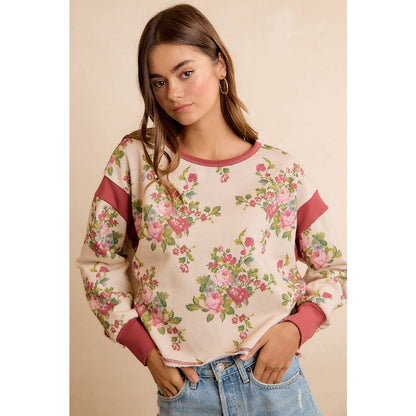 FLORAL BRUSHED TERRY OPEN BACK LONG SLEEVES TOP