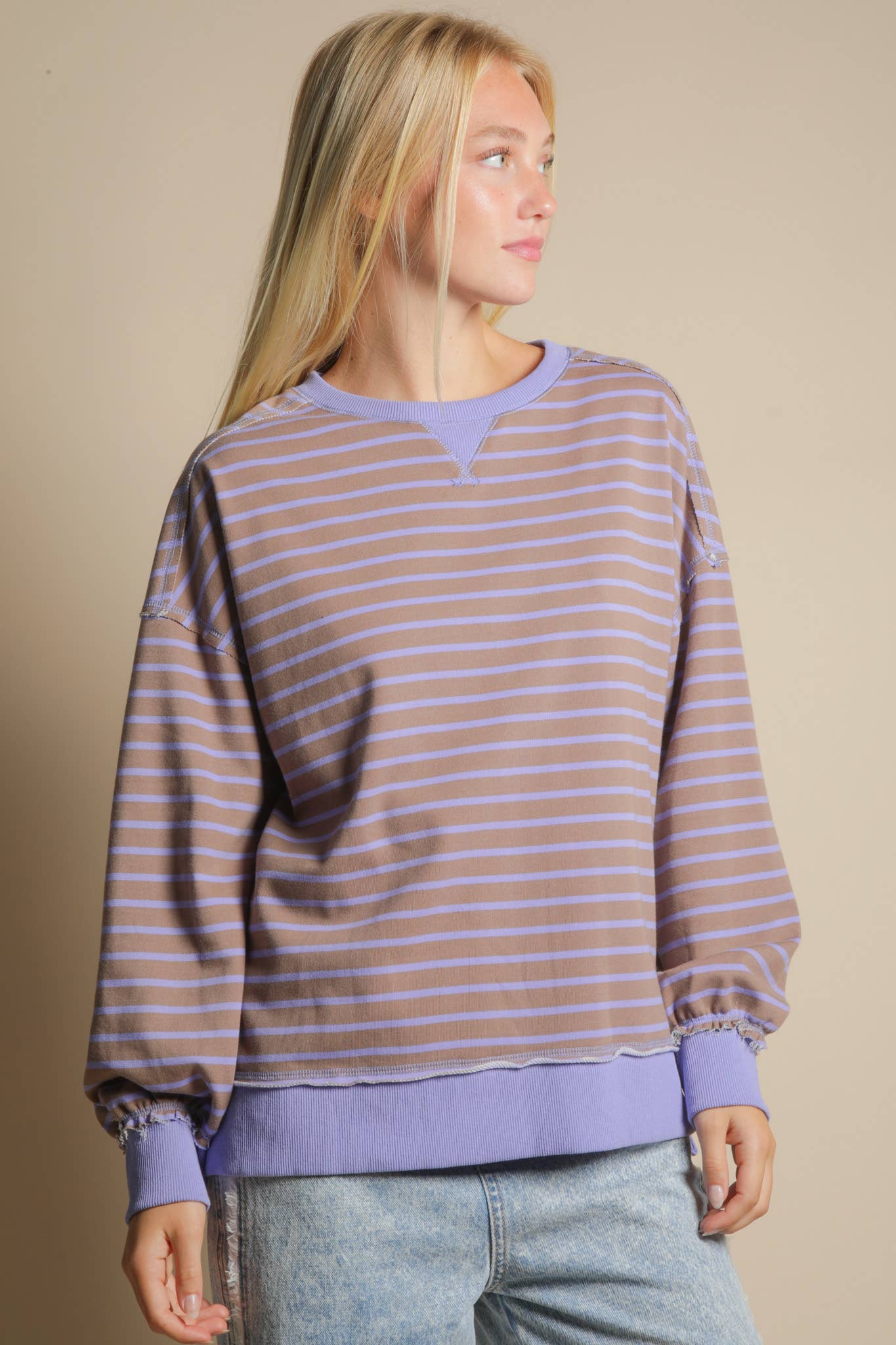Stripe Comfy Casual Oversized Knit Top: MOCHA/LAVENDER
